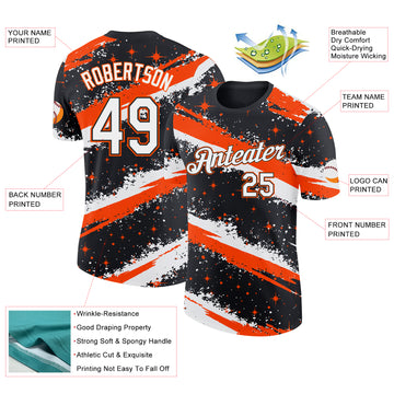 Custom Black White-Orange Brush Stroke Splatter Starburst Performance T-Shirt