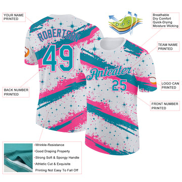 Custom White Teal-Pink Brush Stroke Splatter Starburst Performance T-Shirt