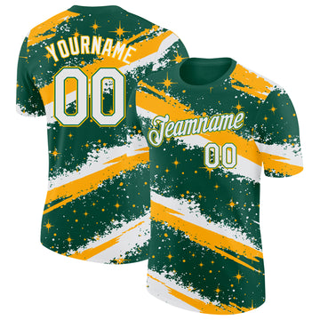 Custom Kelly Green White-Gold Brush Stroke Splatter Starburst Performance T-Shirt
