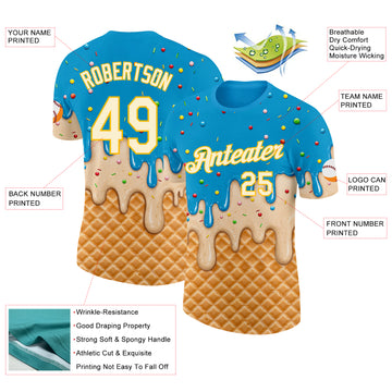 Custom Sky Blue Cream-Gold Ice Cream Waffle Foodie Dessert Performance T-Shirt