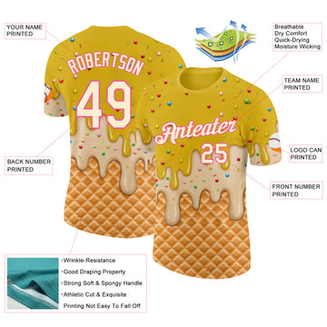 Custom Yellow Cream-Pink Ice Cream Waffle Foodie Dessert Performance T-Shirt