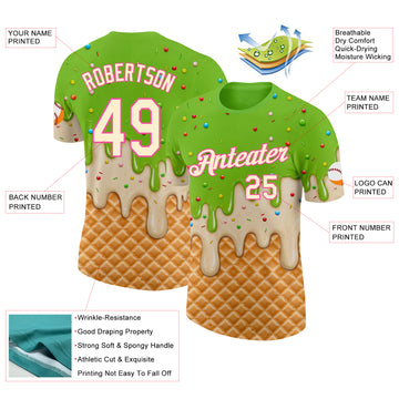 Custom Neon Green Cream-Pink Ice Cream Waffle Foodie Dessert Performance T-Shirt