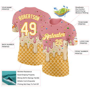 Custom Medium Pink Cream-Gold Ice Cream Waffle Foodie Dessert Performance T-Shirt