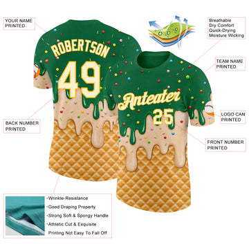 Custom Kelly Green Cream-Gold Ice Cream Waffle Foodie Dessert Performance T-Shirt