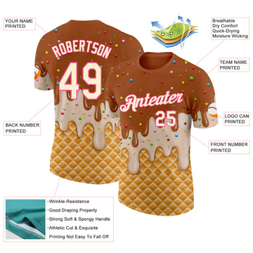 Custom Chocolate Brown Cream-Pink Ice Cream Waffle Foodie Dessert Performance T-Shirt