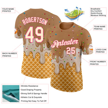 Custom Tan Cream-Pink Ice Cream Waffle Foodie Dessert Performance T-Shirt