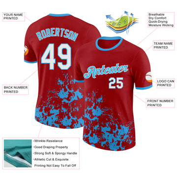 Custom Red White-Sky Blue Brush Stroke Splatter Performance T-Shirt