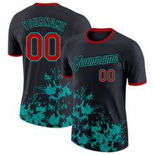 Laden Sie das Bild in den Galerie-Viewer, Custom Black Red-Aqua Brush Stroke Splatter Performance T-Shirt
