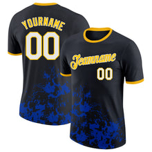Load image into Gallery viewer, Custom Black White Thunder Blue-Yellow Brush Stroke Splatter Performance T-Shirt
