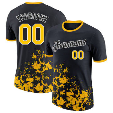 Custom Black Yellow-White Brush Stroke Splatter Performance T-Shirt
