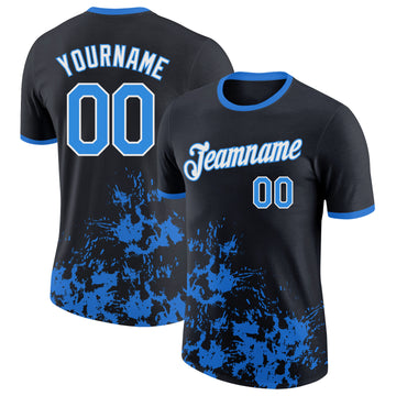 Custom Black Powder Blue-White Brush Stroke Splatter Performance T-Shirt