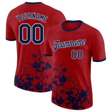 Custom Red Navy-White Brush Stroke Splatter Performance T-Shirt