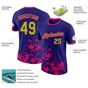 Custom Dark Purple Neon Green-Hot Pink Brush Stroke Splatter Performance T-Shirt