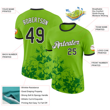 Custom Neon Green Black Grass Green-White Brush Stroke Splatter Performance T-Shirt
