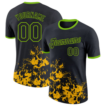 Custom Black Yellow-Neon Green Brush Stroke Splatter Performance T-Shirt