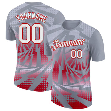 Custom Gray White-Red Lightning Gradient Dot Performance T-Shirt