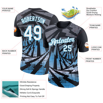 Custom Black White-Sky Blue Lightning Gradient Dot Performance T-Shirt