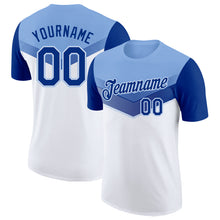 Charger l'image dans la galerie, Custom Light Blue Royal-White Geometric V-Lines Color Block Performance T-Shirt
