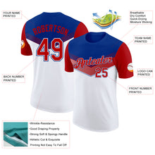 Load image into Gallery viewer, Custom Royal Red-White Geometric V-Lines Color Block Performance T-Shirt
