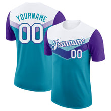 Load image into Gallery viewer, Custom White Teal-Purple Geometric V-Lines Color Block Performance T-Shirt

