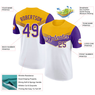 Custom Gold Purple-White Geometric V-Lines Color Block Performance T-Shirt