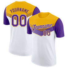 Laden Sie das Bild in den Galerie-Viewer, Custom Gold Purple-White Geometric V-Lines Color Block Performance T-Shirt
