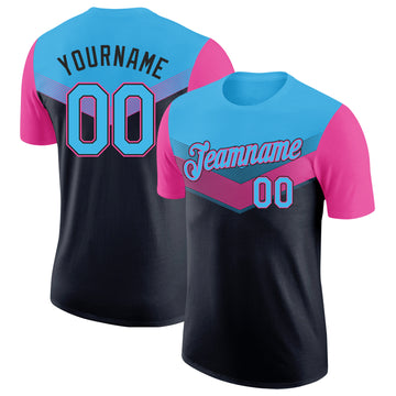 Custom Sky Blue Black-Pink Geometric V-Lines Color Block Performance T-Shirt
