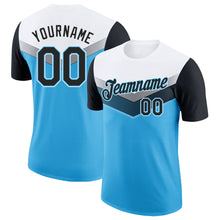Load image into Gallery viewer, Custom White Black-Sky Blue Geometric V-Lines Color Block Performance T-Shirt
