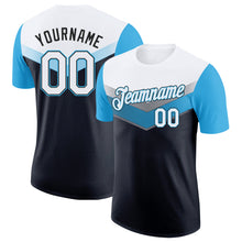 Laden Sie das Bild in den Galerie-Viewer, Custom White Black-Sky Blue Geometric V-Lines Color Block Performance T-Shirt

