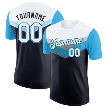 Custom White Black-Sky Blue Geometric V-Lines Color Block Performance T-Shirt