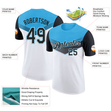 Laden Sie das Bild in den Galerie-Viewer, Custom Sky Blue Black-White Geometric V-Lines Color Block Performance T-Shirt
