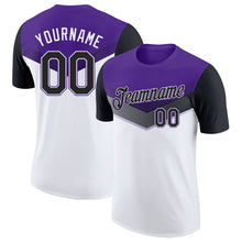 Laden Sie das Bild in den Galerie-Viewer, Custom Purple Black-White Geometric V-Lines Color Block Performance T-Shirt
