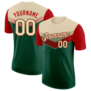 Custom Cream Green-Red Geometric V-Lines Color Block Performance T-Shirt