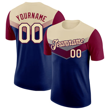 Custom Cream Navy-Maroon Geometric V-Lines Color Block Performance T-Shirt