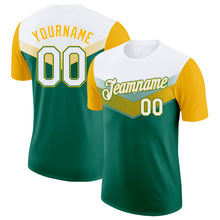 Load image into Gallery viewer, Custom White Kelly Green-Gold Geometric V-Lines Color Block Performance T-Shirt
