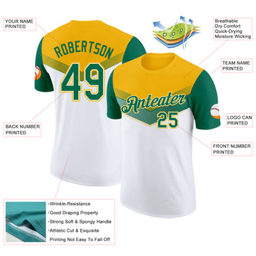Custom Gold Kelly Green-White Geometric V-Lines Color Block Performance T-Shirt