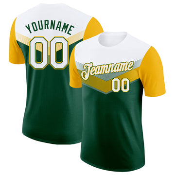 Custom White Green-Gold Geometric V-Lines Color Block Performance T-Shirt