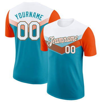 Custom White Teal-Orange Geometric V-Lines Color Block Performance T-Shirt