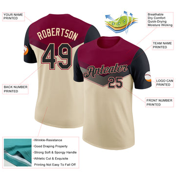 Custom Maroon Black-Cream Geometric V-Lines Color Block Performance T-Shirt