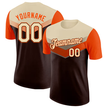 Custom Cream Brown-Orange Geometric V-Lines Color Block Performance T-Shirt