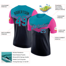 Laden Sie das Bild in den Galerie-Viewer, Custom Teal Black-Pink Geometric V-Lines Color Block Performance T-Shirt
