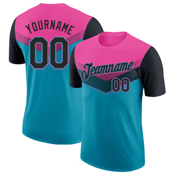 Custom Pink Black-Teal Geometric V-Lines Color Block Performance T-Shirt