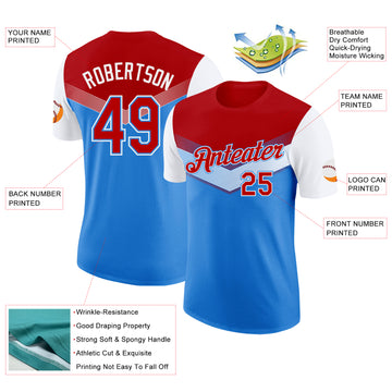 Custom Red Powder Blue-White Geometric V-Lines Color Block Performance T-Shirt