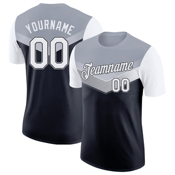 Custom Gray White-Black Geometric V-Lines Color Block Performance T-Shirt