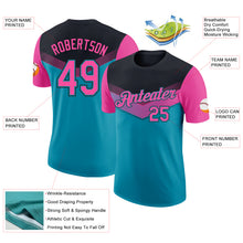 Laden Sie das Bild in den Galerie-Viewer, Custom Black Pink-Teal Geometric V-Lines Color Block Performance T-Shirt
