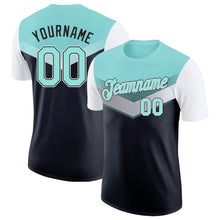 Laden Sie das Bild in den Galerie-Viewer, Custom Ice Blue Black-White Geometric V-Lines Color Block Performance T-Shirt
