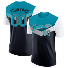 Load image into Gallery viewer, Custom Teal Black-White Geometric V-Lines Color Block Performance T-Shirt
