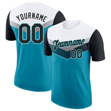 Charger l'image dans la galerie, Custom White Black-Teal Geometric V-Lines Color Block Performance T-Shirt
