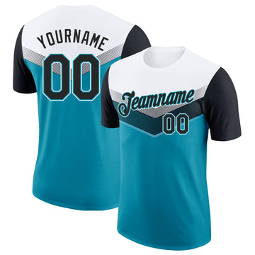 Custom White Black-Teal Geometric V-Lines Color Block Performance T-Shirt