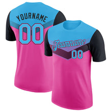 Load image into Gallery viewer, Custom Sky Blue Pink-Black Geometric V-Lines Color Block Performance T-Shirt

